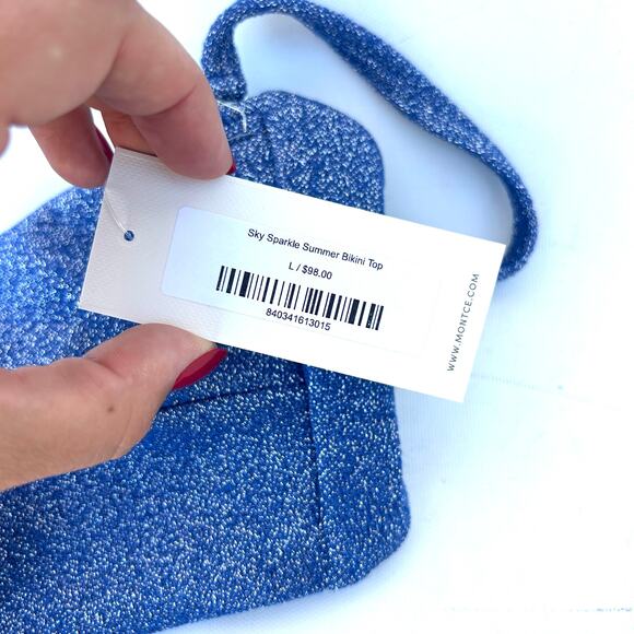 New Montce Sky Sparkle Summer Bikini Top Blue Large Square Neck Strappy - Picture 8 of 12